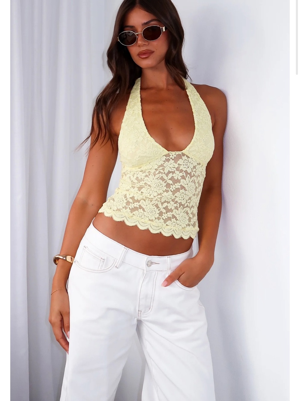 White Fox Boutique Yellow Lace Halter Top